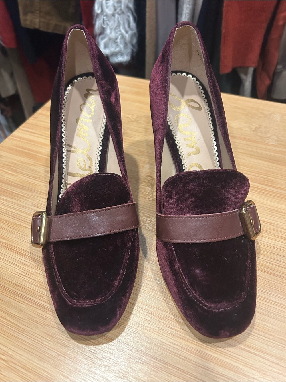 Sam Edelman Burgundy Velvet Loafer Pumps Size 7 Block Heel Preppy - Picture 3 of 6